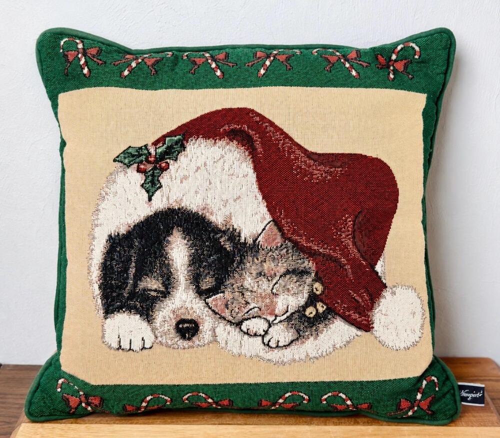 Vintage Newport Christmas Tapestry Pillow | Puppy Kitten Santa Hat Holiday Decor